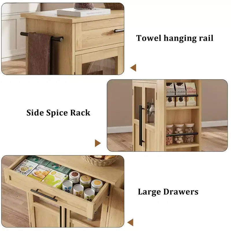 Isla de cocina de madera con ruedas y cajones, carro de cocina con armario de almacenamiento sobre ruedas, isla de carrito con encimera de madera más gruesa y 3 estantes para especias