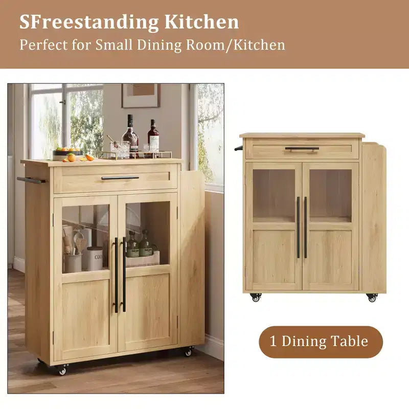 Isla de cocina de madera con ruedas y cajones, carro de cocina con armario de almacenamiento sobre ruedas, isla de carrito con encimera de madera más gruesa y 3 estantes para especias