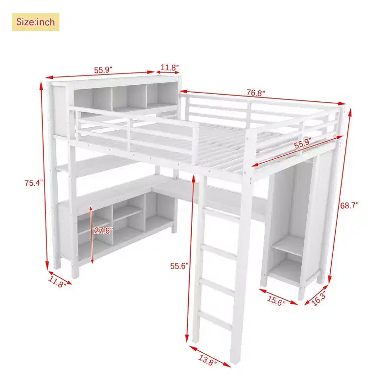 Cama alta Okak de tamaño matrimonial/queen con armario y escritorio en forma de L, literas de metal de alta resistencia con almacenamiento, camas altas para adolescentes y adultos