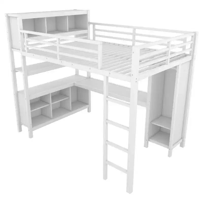 Cama alta Okak de tamaño matrimonial/queen con armario y escritorio en forma de L, literas de metal de alta resistencia con almacenamiento, camas altas para adolescentes y adultos