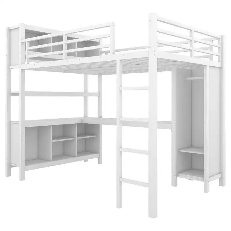 Cama alta Okak de tamaño matrimonial/queen con armario y escritorio en forma de L, literas de metal de alta resistencia con almacenamiento, camas altas para adolescentes y adultos