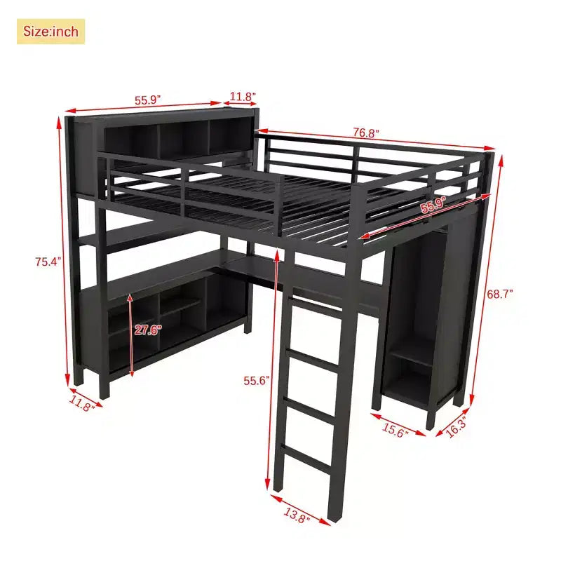 Cama alta Okak de tamaño matrimonial/queen con armario y escritorio en forma de L, literas de metal de alta resistencia con almacenamiento, camas altas para adolescentes y adultos