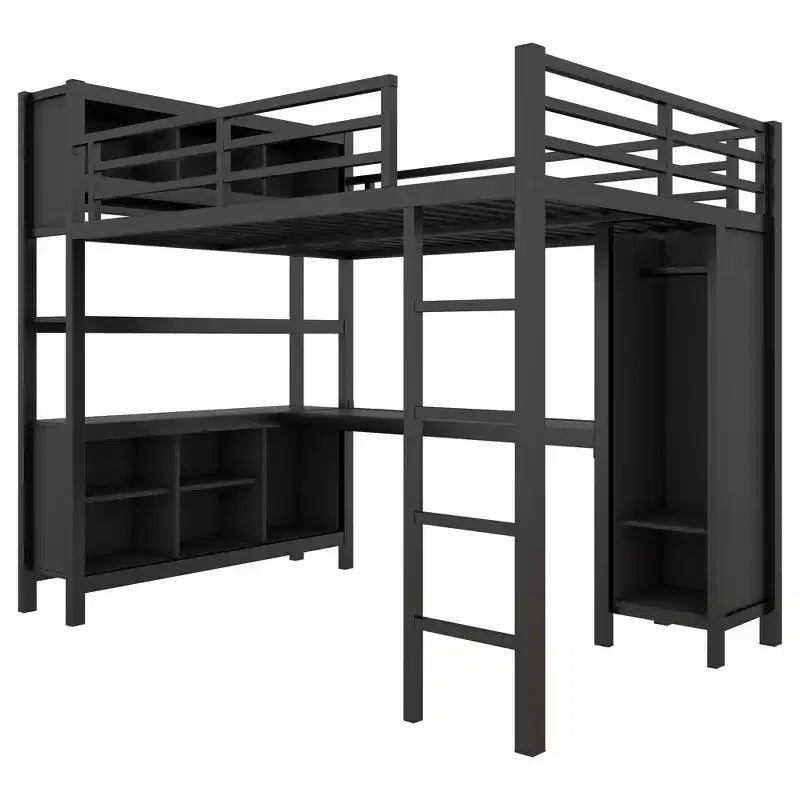 Cama alta Okak de tamaño matrimonial/queen con armario y escritorio en forma de L, literas de metal de alta resistencia con almacenamiento, camas altas para adolescentes y adultos
