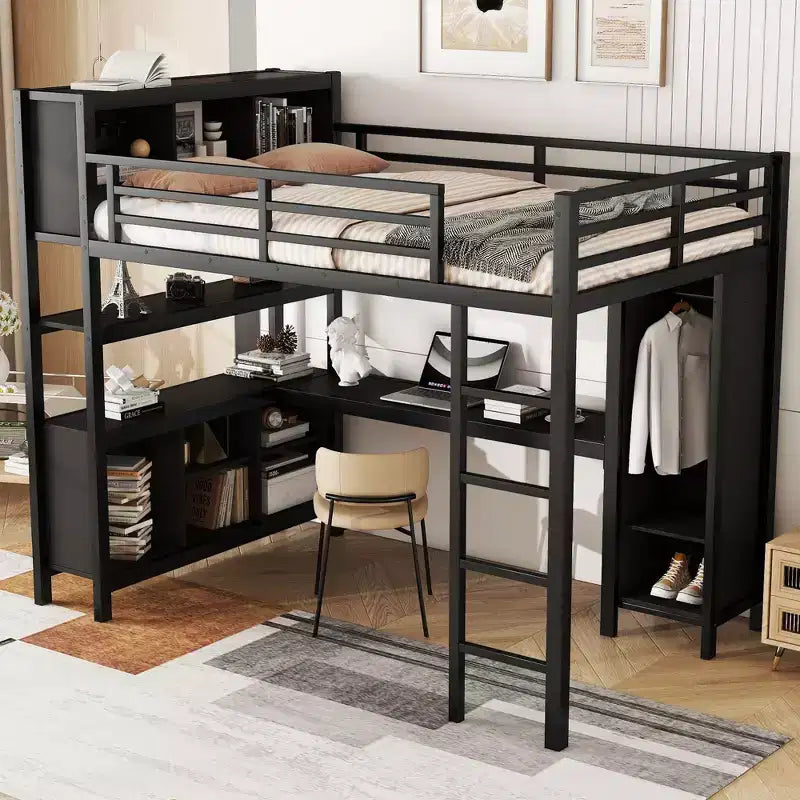 Cama alta Okak de tamaño matrimonial/queen con armario y escritorio en forma de L, literas de metal de alta resistencia con almacenamiento, camas altas para adolescentes y adultos