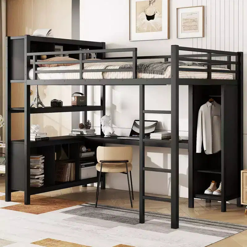 Cama alta Okak de tamaño matrimonial/queen con armario y escritorio en forma de L, literas de metal de alta resistencia con almacenamiento, camas altas para adolescentes y adultos