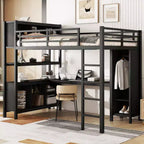 Cama alta Okak de tamaño matrimonial/queen con armario y escritorio en forma de L, literas de metal de alta resistencia con almacenamiento, camas altas para adolescentes y adultos