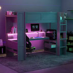 Okak Full/Twin Size Wooden Loft Bed with Desk & Multi-storage Shelves,Bunk Bed with LEDs,Charging Station,Multi-Functional Loft Beds for Kids,Teens