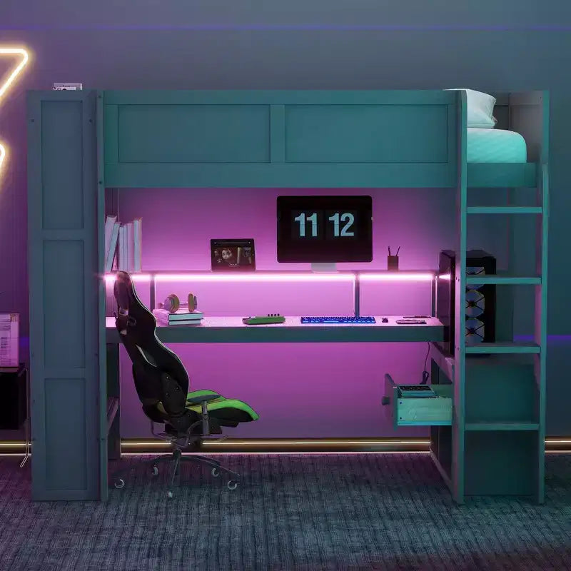Cama alta de madera Okak, individual/matrimonial, con escritorio y estantes de almacenamiento múltiple, litera con luces LED, estación de carga, camas altas multifuncionales para niños y adolescentes