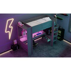 Cama alta de madera Okak, individual/matrimonial, con escritorio y estantes de almacenamiento múltiple, litera con luces LED, estación de carga, camas altas multifuncionales para niños y adolescentes