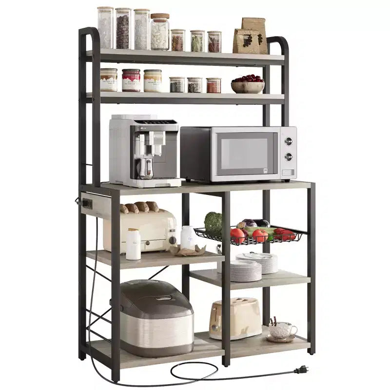 Estantería de panadero de 6 niveles con toma de corriente, soporte para microondas y mesa de café para almacenamiento de especias y sartenes en la cocina