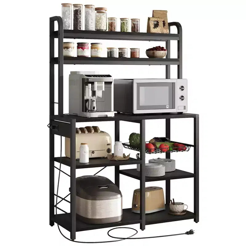 Estantería de panadero de 6 niveles con toma de corriente, soporte para microondas y mesa de café para almacenamiento de especias y sartenes en la cocina