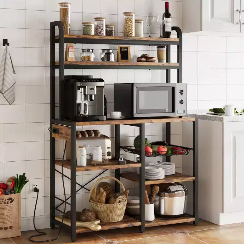 Estantería de panadero de 6 niveles con toma de corriente, soporte para microondas y mesa de café para almacenamiento de especias y sartenes en la cocina