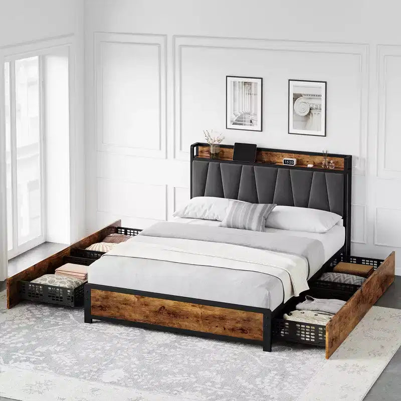 Base de cama con almacenamiento, cabecero tapizado de lino, plataforma con 4 cajones y estación de carga, marrón vintage