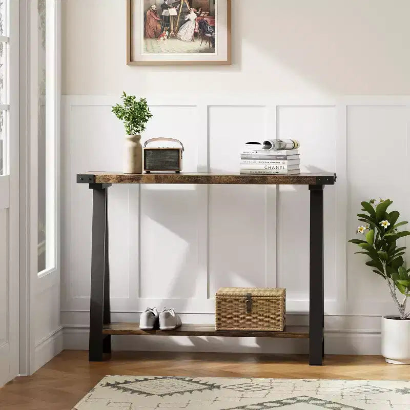 Mesa de entrada estrecha estilo rústico, consola de 43.3 con almacenamiento