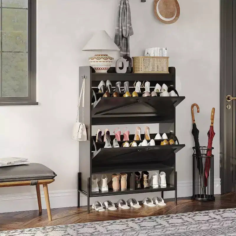 Mueble Zapatero Whizmax de 2 Cajones, Organizador Independiente para Entrada con Puertas Abatibles, Patas Metálicas, Zapatero Estrecho para Almacenamiento con Separación en Seco/Húmedo