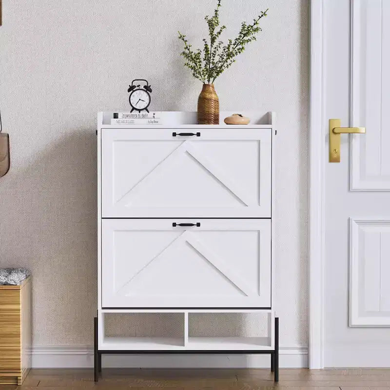 Mueble Zapatero Whizmax de 2 Cajones, Organizador Independiente para Entrada con Puertas Abatibles, Patas Metálicas, Zapatero Estrecho para Almacenamiento con Separación en Seco/Húmedo