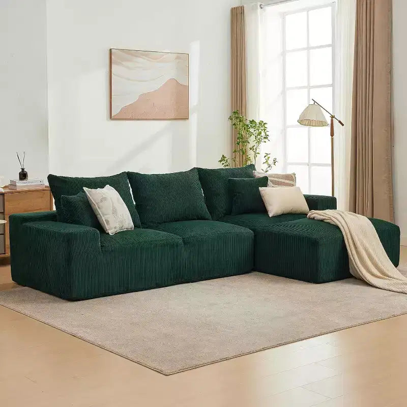 Sofá seccional extragrande en forma de L de 279 cm, sofá seccional Cloud con chaise longue y cojines, sofá de espuma sin estructura de pana suave para salas de estar, apartamentos, dormitorios
