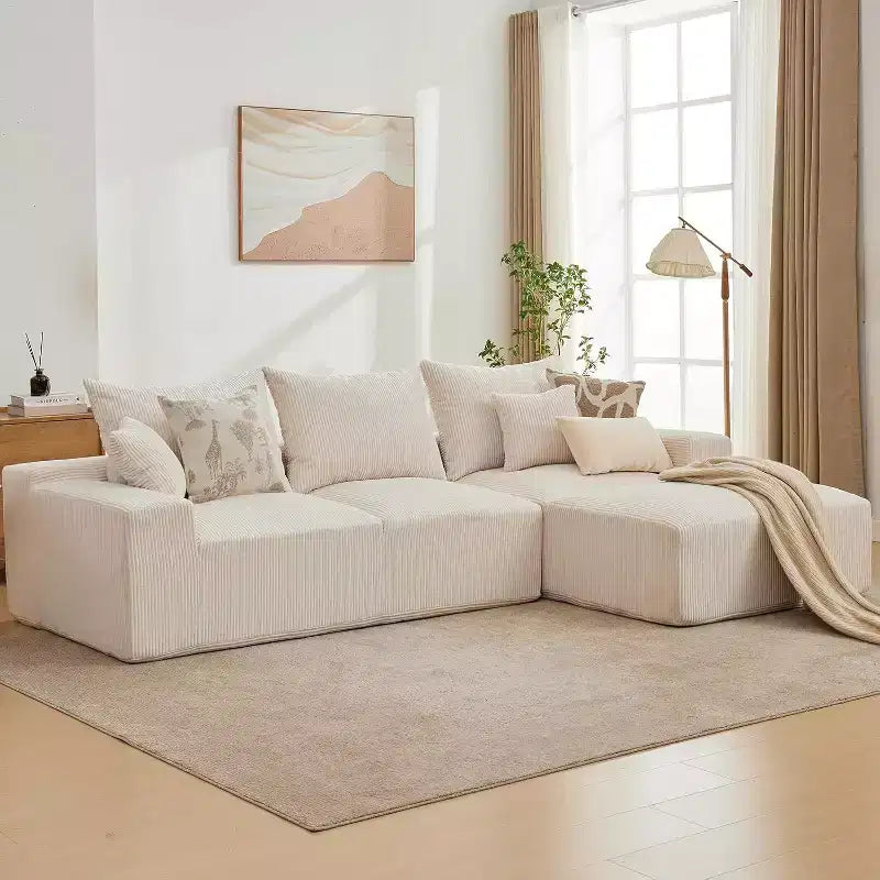 Sofá seccional extragrande en forma de L de 279 cm, sofá seccional Cloud con chaise longue y cojines, sofá de espuma sin estructura de pana suave para salas de estar, apartamentos, dormitorios