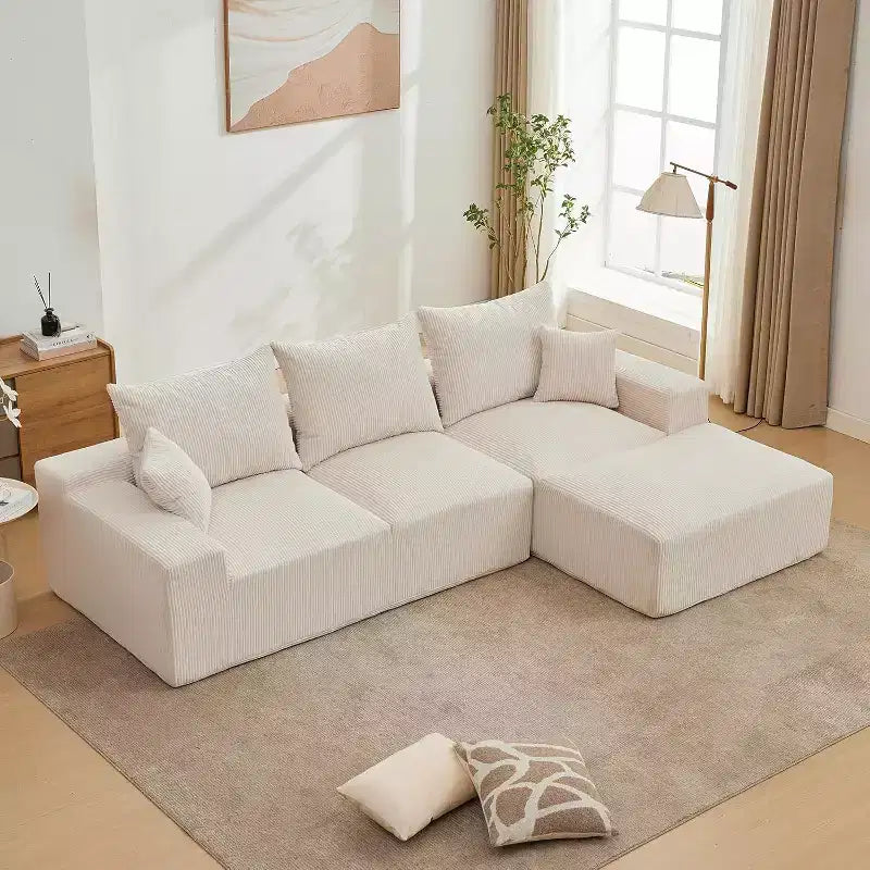 Sofá seccional extragrande en forma de L de 279 cm, sofá seccional Cloud con chaise longue y cojines, sofá de espuma sin estructura de pana suave para salas de estar, apartamentos, dormitorios