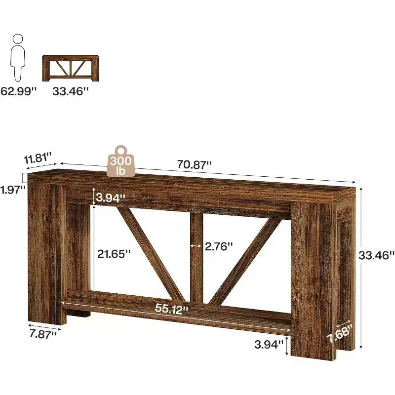 Mesa consola larga Lantine de 70.9 pulgadas, mesa de sofá de 2 niveles estilo rústico para detrás del sofá, consola de entrada grande con almacenamiento para pasillo, vestíbulo