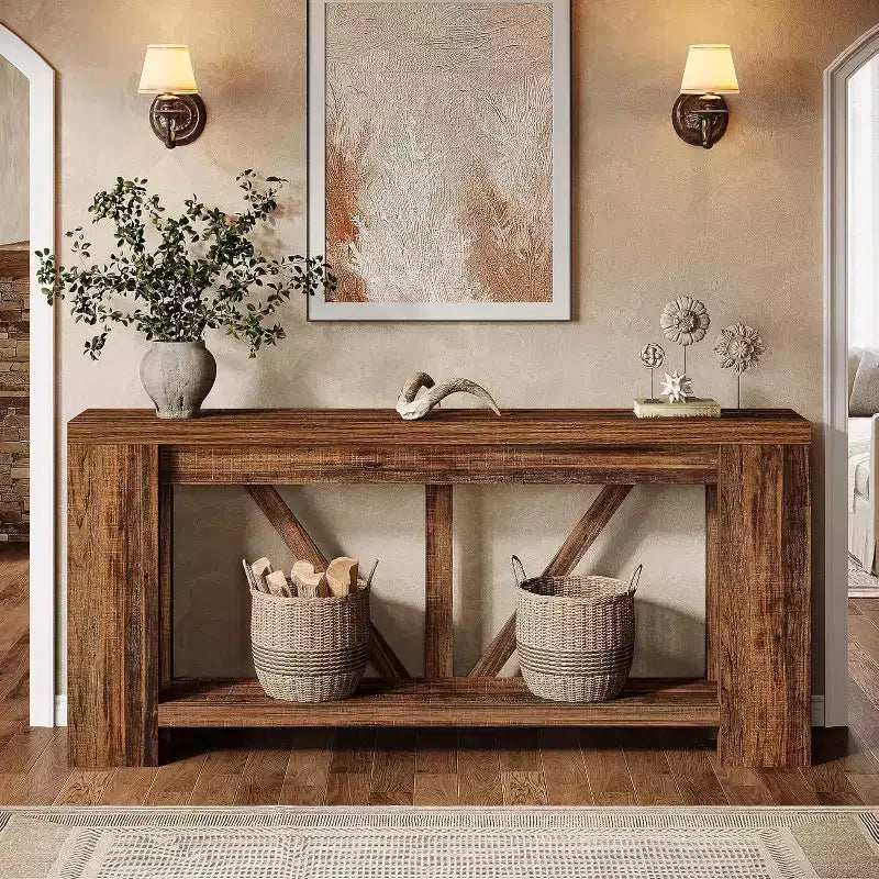 Mesa consola larga Lantine de 70.9 pulgadas, mesa de sofá de 2 niveles estilo rústico para detrás del sofá, consola de entrada grande con almacenamiento para pasillo, vestíbulo