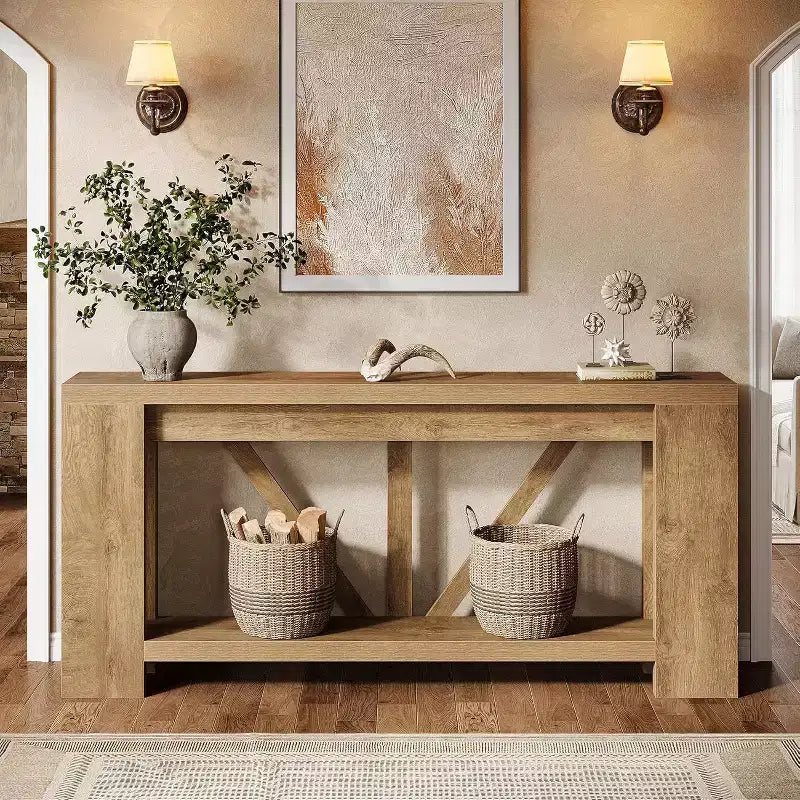 Mesa consola larga Lantine de 70.9 pulgadas, mesa de sofá de 2 niveles estilo rústico para detrás del sofá, consola de entrada grande con almacenamiento para pasillo, vestíbulo