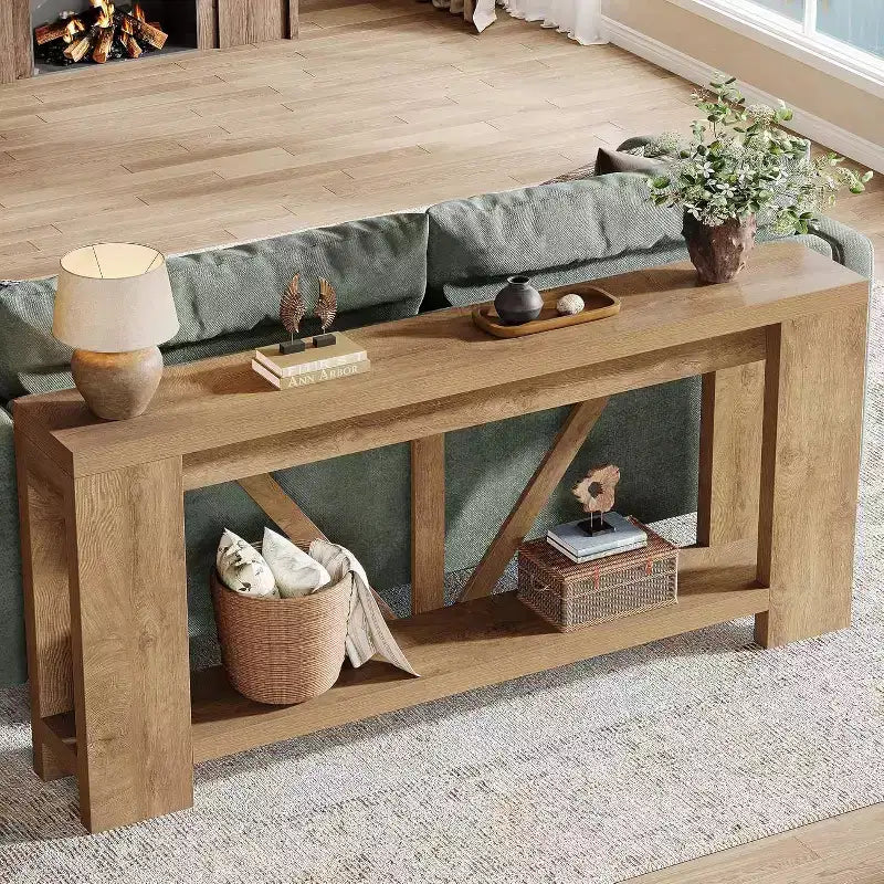 Mesa consola larga Lantine de 70.9 pulgadas, mesa de sofá de 2 niveles estilo rústico para detrás del sofá, consola de entrada grande con almacenamiento para pasillo, vestíbulo
