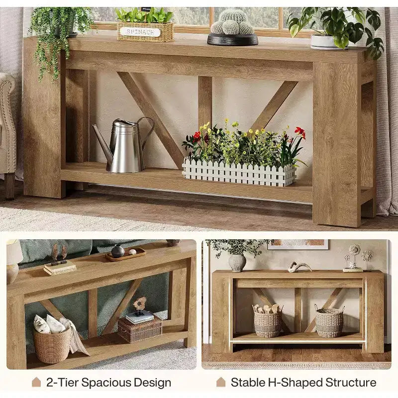 Mesa consola larga Lantine de 70.9 pulgadas, mesa de sofá de 2 niveles estilo rústico para detrás del sofá, consola de entrada grande con almacenamiento para pasillo, vestíbulo