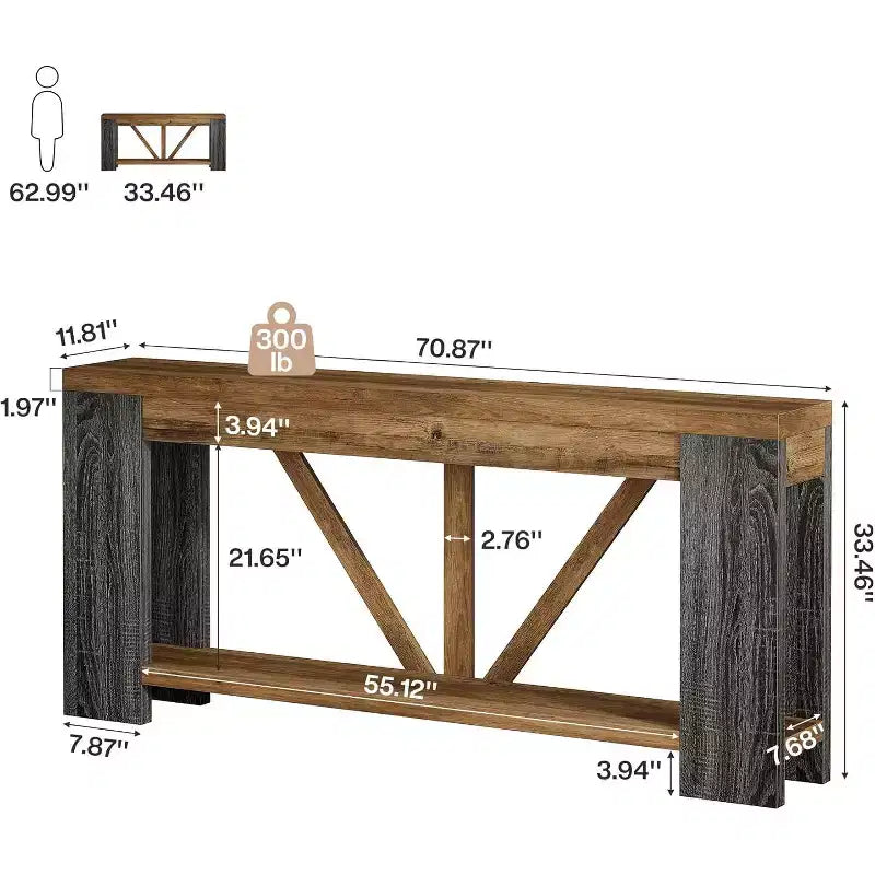 Mesa consola larga Lantine de 70.9 pulgadas, mesa de sofá de 2 niveles estilo rústico para detrás del sofá, consola de entrada grande con almacenamiento para pasillo, vestíbulo