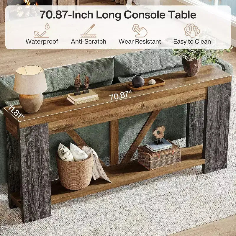 Mesa consola larga Lantine de 70.9 pulgadas, mesa de sofá de 2 niveles estilo rústico para detrás del sofá, consola de entrada grande con almacenamiento para pasillo, vestíbulo