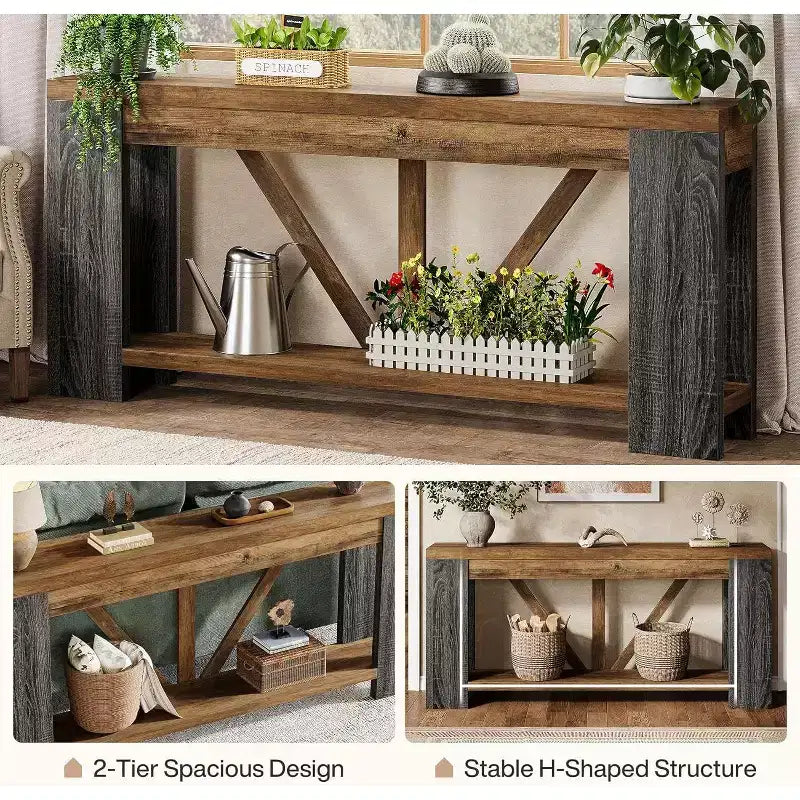 Mesa consola larga Lantine de 70.9 pulgadas, mesa de sofá de 2 niveles estilo rústico para detrás del sofá, consola de entrada grande con almacenamiento para pasillo, vestíbulo