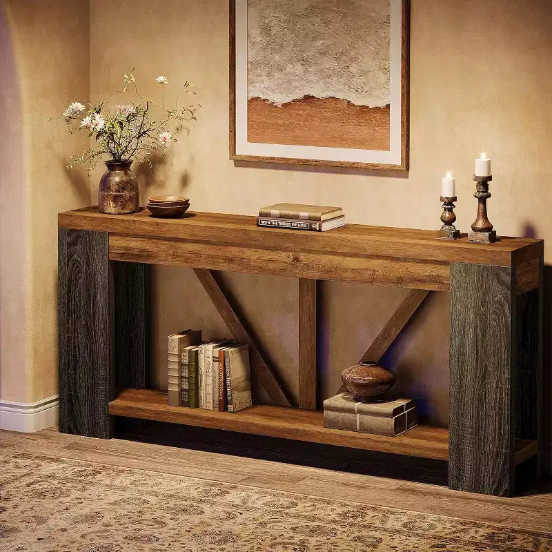Mesa consola larga Lantine de 70.9 pulgadas, mesa de sofá de 2 niveles estilo rústico para detrás del sofá, consola de entrada grande con almacenamiento para pasillo, vestíbulo