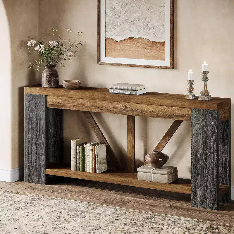 Mesa consola larga Lantine de 70.9 pulgadas, mesa de sofá de 2 niveles estilo rústico para detrás del sofá, consola de entrada grande con almacenamiento para pasillo, vestíbulo