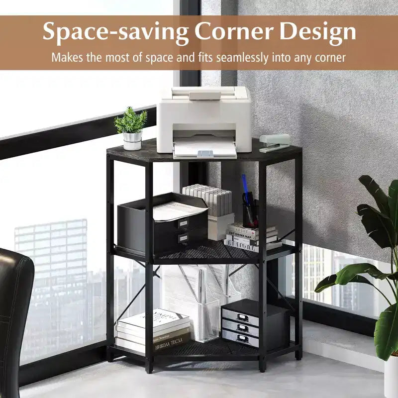 Soporte de impresora de esquina Costway con estación de carga, estante de malla metálica ajustable, Negro/Marrón/Blanco