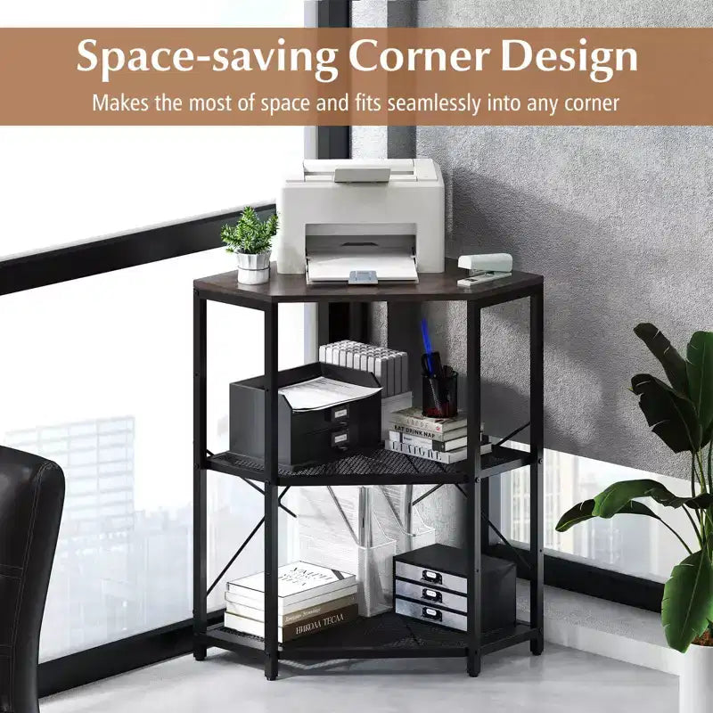 Soporte de impresora de esquina Costway con estación de carga, estante de malla metálica ajustable, Negro/Marrón/Blanco