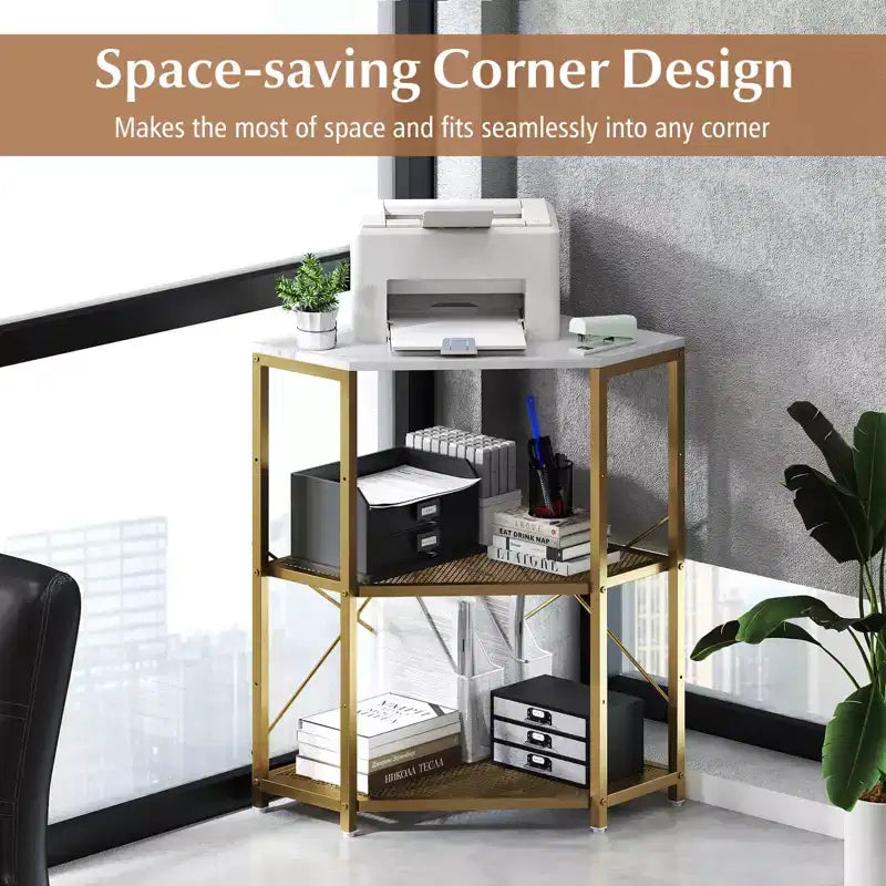 Soporte de impresora de esquina Costway con estación de carga, estante de malla metálica ajustable, Negro/Marrón/Blanco
