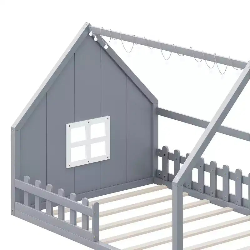 Cama de madera Whisen con forma de casa, tamaño completo, con ventana y valla
