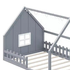 Cama de madera Whisen con forma de casa, tamaño completo, con ventana y valla