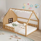 Cama de madera Whisen con forma de casa, tamaño completo, con ventana y valla