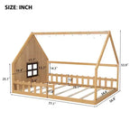 Cama de madera Whisen con forma de casa, tamaño completo, con ventana y valla