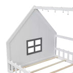 Cama de madera Whisen con forma de casa, tamaño completo, con ventana y valla