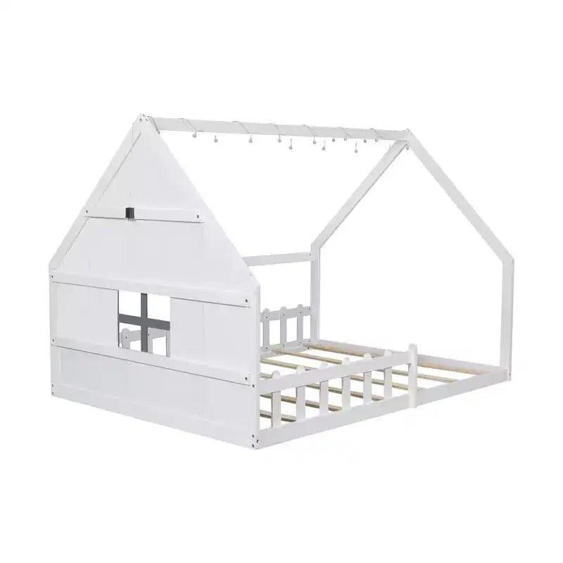 Cama de madera Whisen con forma de casa, tamaño completo, con ventana y valla