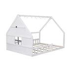 Cama de madera Whisen con forma de casa, tamaño completo, con ventana y valla