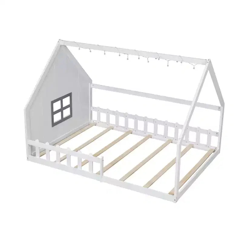Cama de madera Whisen con forma de casa, tamaño completo, con ventana y valla