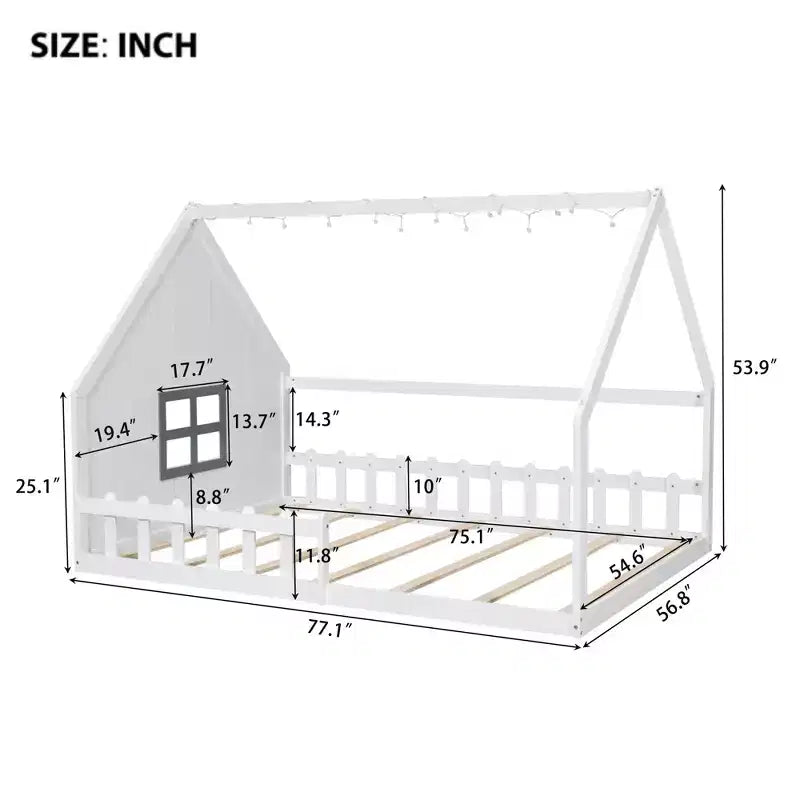 Cama de madera Whisen con forma de casa, tamaño completo, con ventana y valla