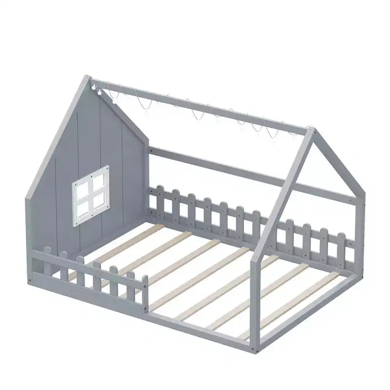 Cama de madera Whisen con forma de casa, tamaño completo, con ventana y valla