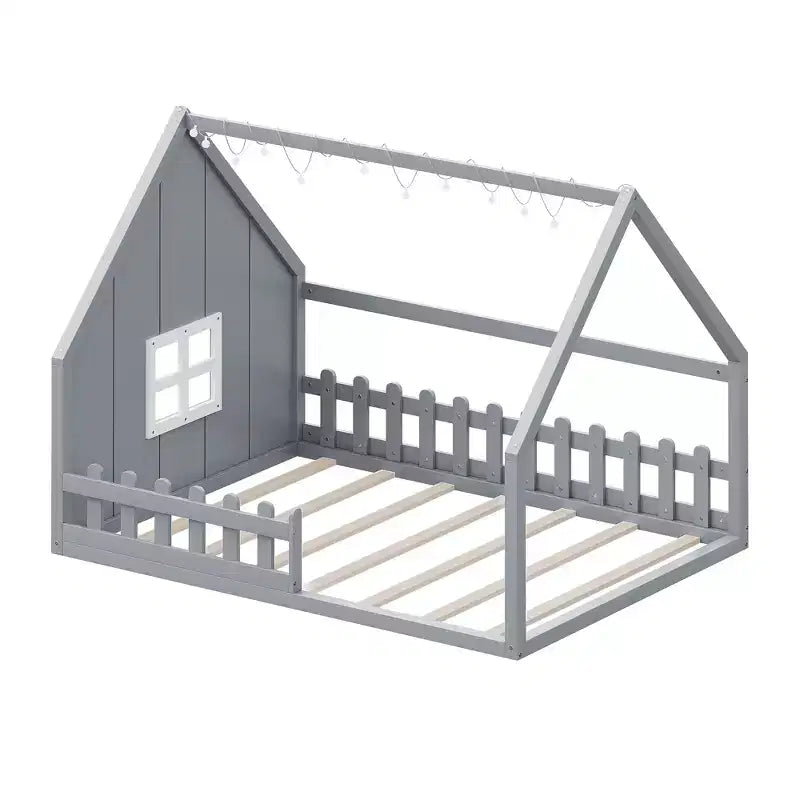 Cama de madera Whisen con forma de casa, tamaño completo, con ventana y valla