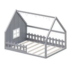 Cama de madera Whisen con forma de casa, tamaño completo, con ventana y valla
