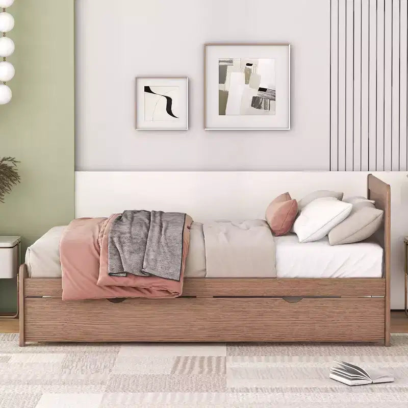 Base de Cama Plataforma Okak Twin Moderna con Cama Nido y 2 Cajones de Almacenamiento Estructura de Cama de Madera Robusta Sin Ruido No Requiere Resortes Fácil de Montar