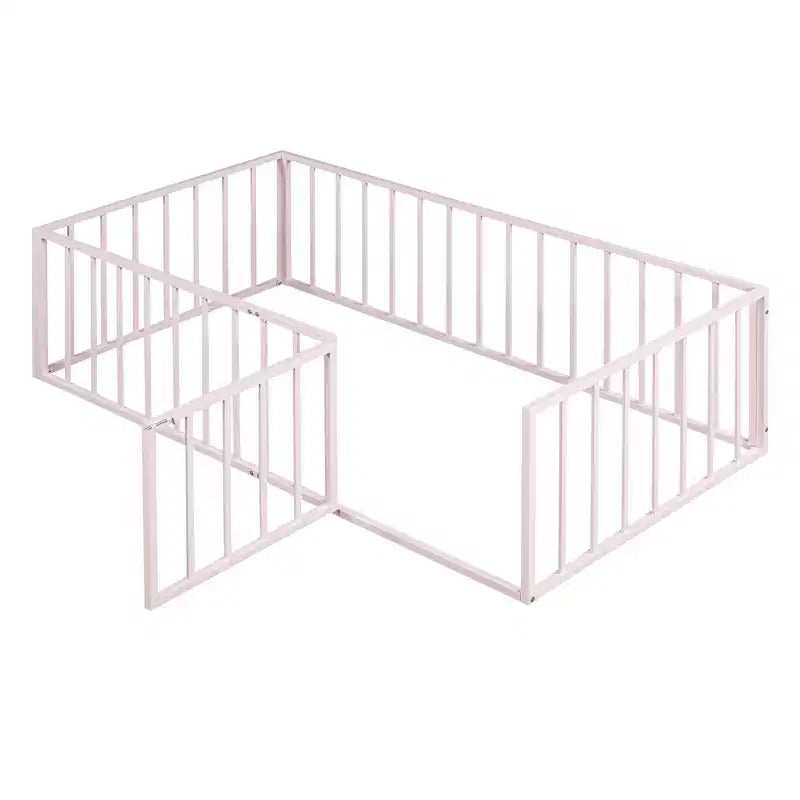 Marco de cama Okak Moderno de suelo con valla de seguridad y puerta, Marco de cama infantil de metal para niños y niñas, Fácil de montar